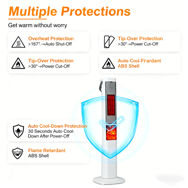 （物流随机发，自提可发加拿大）快速加热摇头式取暖器 - 120° 广角 升温提速 30%，3D 火焰效果，5 档定时 + 遥控操作，安全静音设计 适用于卧室 / 办公室-7