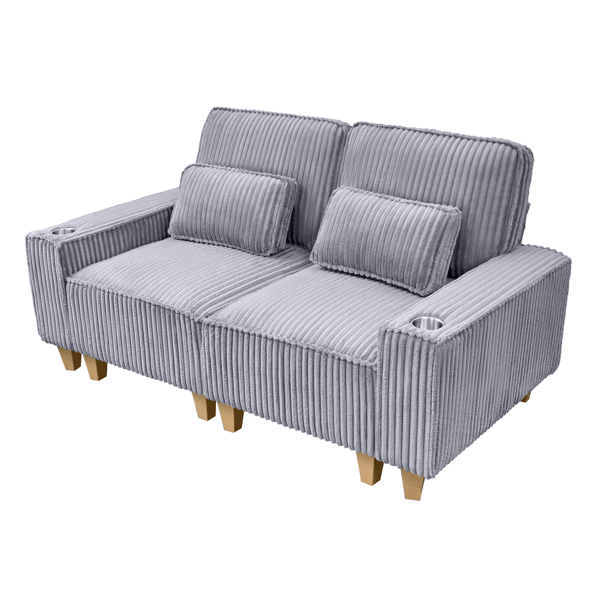 深座灯芯绒双人沙发，配拉丝不锈钢杯架及2个装饰靠枕，舒适客厅双人座沙发-1