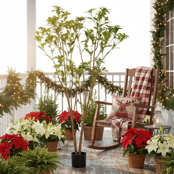 5.2英尺仿真柑橘树人造植物逼真树叶与小花假树完美家居装饰办公室、客厅、门廊、地板装饰 FBA发货-5