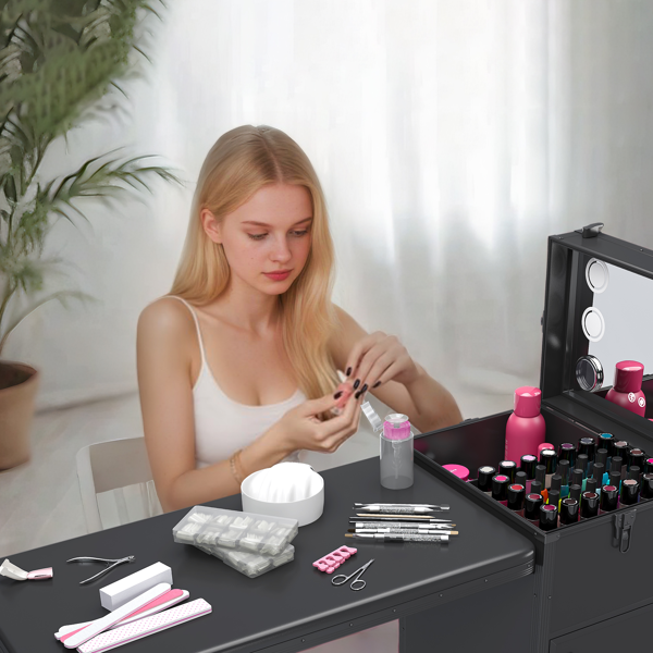 便携式美甲桌，带 LED 镜子、蓝牙、可上锁抽屉、伸缩杆 - 沙龙折叠美甲台（黑色）-10