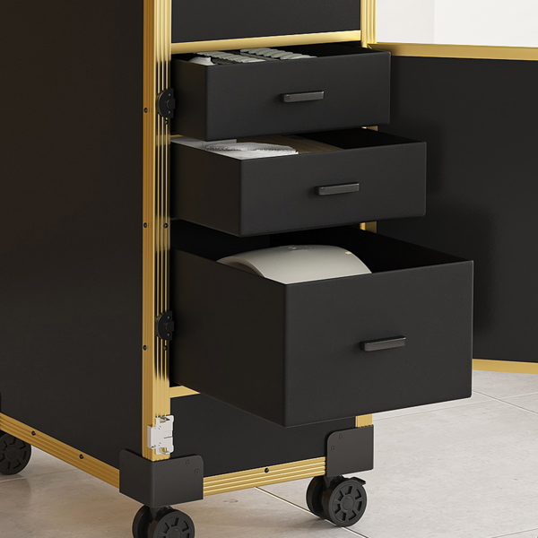 便携式美甲桌，带 LED 镜子、蓝牙、可上锁抽屉、伸缩杆 - 沙龙折叠美甲台（黑金色）-8