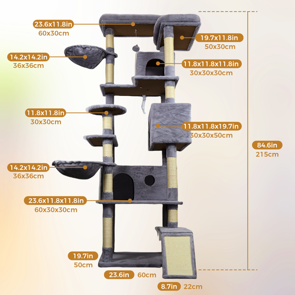84.6英寸深灰色猫树塔，底座宽大，配有3个大型猫窝、11个剑麻猫抓柱、剑麻猫抓梯、2个吊床、大型顶部平台、多个落脚点和互动玩具-3