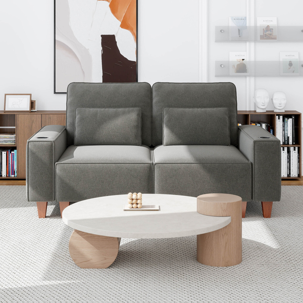 雪尼尔深座双人沙发，配拉丝不锈钢杯架及2个装饰靠枕，现代舒适客厅双人座-2