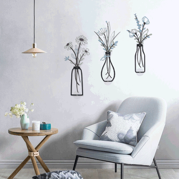 3 件金属花朵墙壁艺术 - 乡村农舍装饰简约花朵墙壁装饰，适合客厅浴室厨房卧室餐厅 - 乔迁礼物，免钻孔，灰色-4