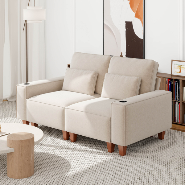 雪尼尔深座双人沙发，配拉丝不锈钢杯架及2个装饰靠枕，现代舒适客厅双人座-3