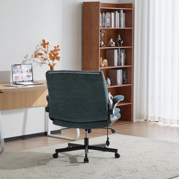 翻转式后背内置动态气囊腰靠十字交叉腿办公椅，宽座办公桌椅带翻转扶手与轮子，现代家用办公室梳妆台深绿色十字交叉腿椅-6