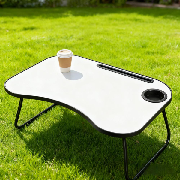 便携式笔记本电脑桌，灰色和白色哑光金属和木质结构，可折叠设计，带杯架，26.5 x 18.5英寸，适用于床、车、沙发、家庭和户外使用（灰色+白色哑光）-2