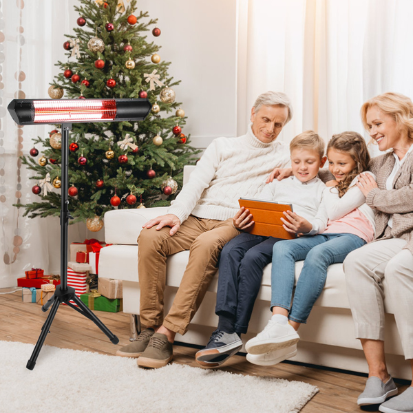 （自提可发加拿大,TK,temu建议下自提单）1500W红外线取暖器（室内外两用），三档温度调节（600W/1000W/1500W），IP65防水等级，配备可调节三脚架壁挂支架，附遥控器及定时器，适用于露台、后院及客厅。-11