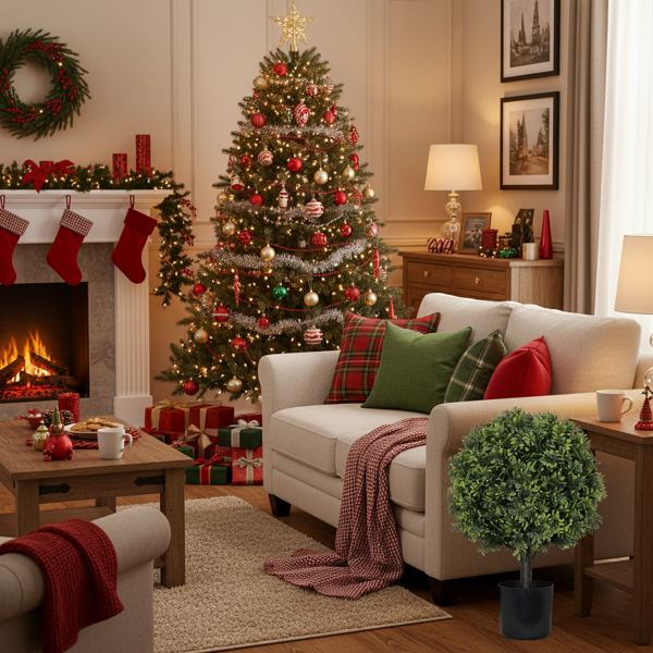 2件套22英寸人造树天然植物黄杨木球人造植物常青盆栽灌木适用于圣诞节、门廊、庭院、入口、室内家居客厅装饰FBA发货-3