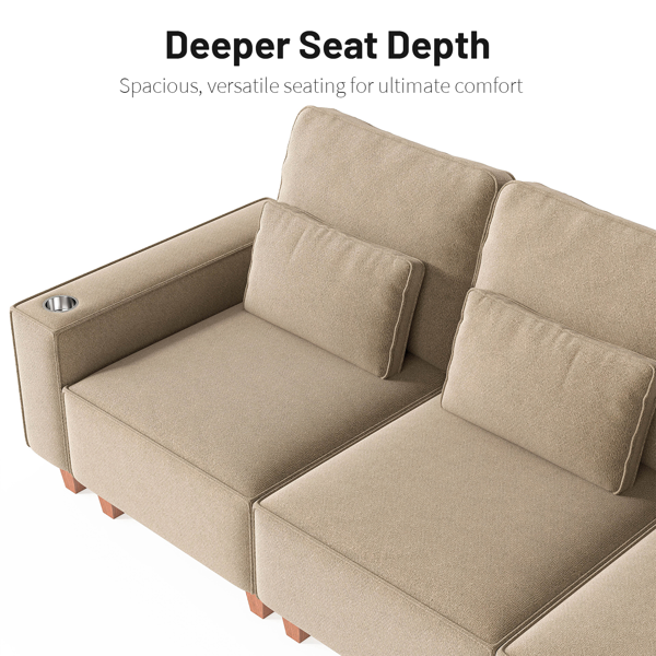 雪尼尔深座三人沙发，配拉丝不锈钢杯架及3个装饰靠枕，现代舒适客厅沙发-6