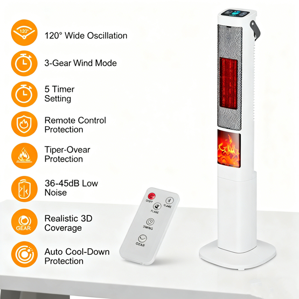 （物流随机发，自提可发加拿大）快速加热摇头式取暖器 - 120° 广角 升温提速 30%，3D 火焰效果，5 档定时 + 遥控操作，安全静音设计 适用于卧室 / 办公室-12