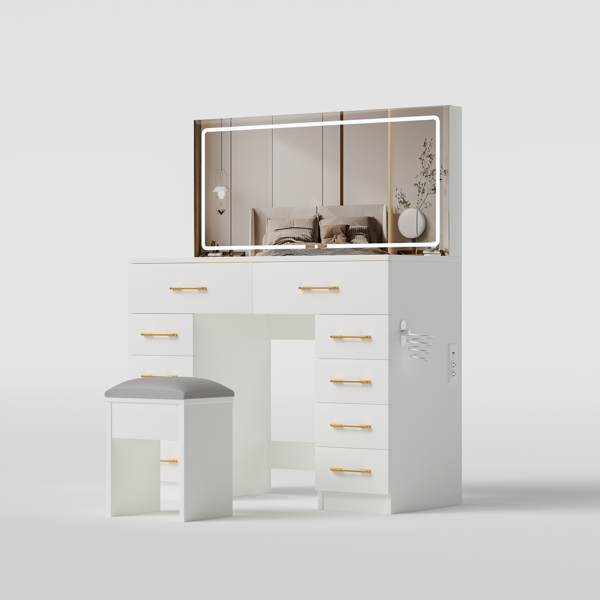 46英寸玻璃台面梳妆台，带10个抽屉、镜子和凳子，3种照明模式，电源插座，静音滑轨，白色大号梳妆台，适用于卧室-9