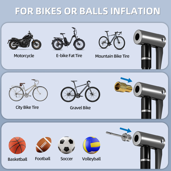 口袋空气泵 迷你自行车泵 电动130PSI 配有Presta和Schrader气嘴 自动停止 快速充气 Type-C可充电电池 适用于所有自行车和球类 体育必备无线胎压机-6