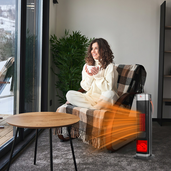 （物流随机发，自提可发加拿大）室内用便携式空间取暖器，适用于大房间，1500W摆动式陶瓷塔式空间取暖器，带3D火焰效果，三档风速调节，59-104℉加热范围，遥控功能，12小时定时器，过热倾倒保护，适用于卧室与办公室-3