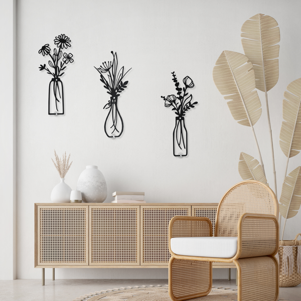 3 件金属花瓶花卉墙壁艺术 - 乡村农舍风格装饰金属墙壁艺术黑色极简花卉自然主题墙壁装饰适合家庭卧室餐厅乔迁之喜（黑色-花瓶）-7