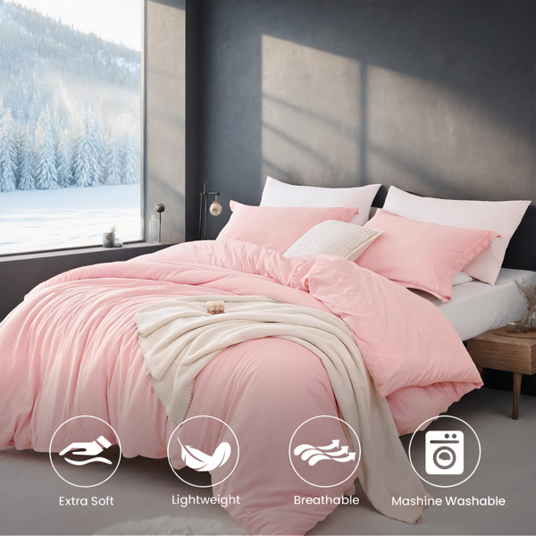 粉色超大码被套套装，包含一只被套两只枕套，超细纤维面料透气不褪色柔软优质高品质，轻奢酒店简约卧室民宿通用，圣诞节礼物-2