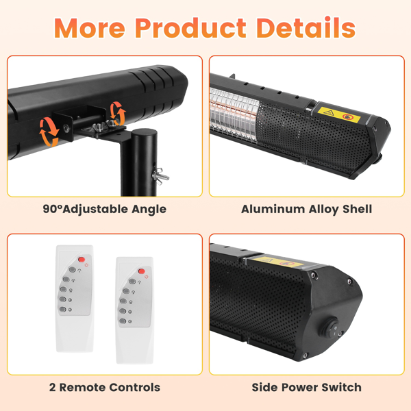 （自提可发加拿大,TK,temu建议下自提单）1500W红外线取暖器（室内外两用），三档温度调节（600W/1000W/1500W），IP65防水等级，配备可调节三脚架壁挂支架，附遥控器及定时器，适用于露台、后院及客厅。-4