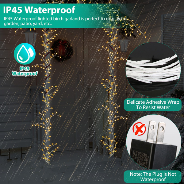 （自提可发加拿大，temu，tk下自提单）-发光桦树花环，7.87英尺（约2.4米）长，含144颗暖白LED灯珠，8种模式可选，配备遥控器与定时器，IP45防水等级柔性枝条，适用于家居装饰。-8