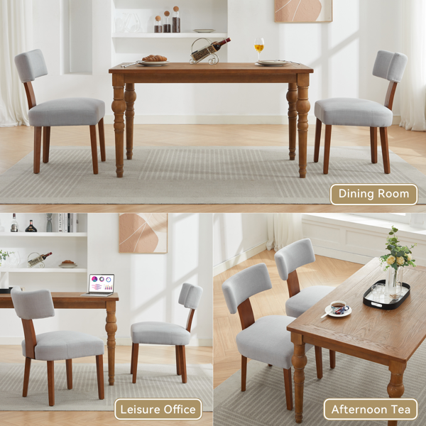 064-两把装亚麻布面料现代无扶手餐椅，弧形靠背，实木椅腿，适用于餐厅和客厅，灰色-11
