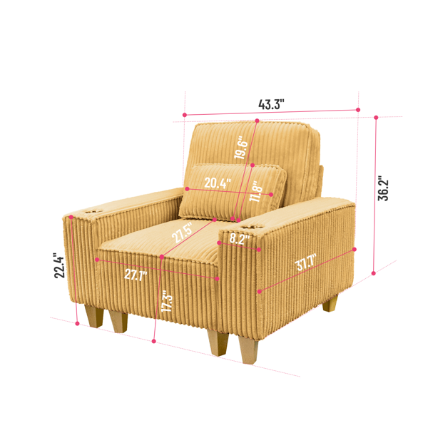 深座灯芯绒扶手椅，配拉丝不锈钢杯架与装饰靠枕，打造客厅温馨点缀椅-3