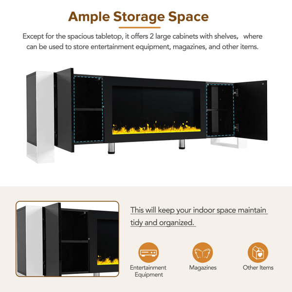 时尚现代电视柜，配备 34.2 英寸非加热式电壁炉，高光泽娱乐中心，带 2 个柜子，适用于最大 78 英寸电视的媒体控制台，黑色-10