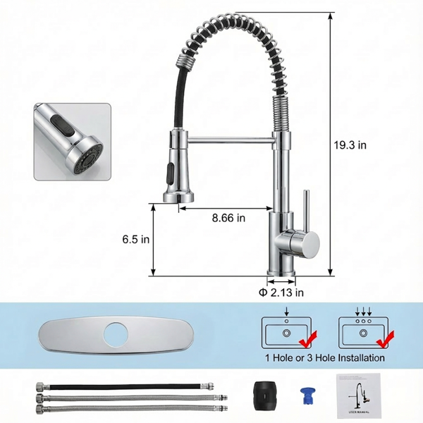 带下拉式喷雾器的厨房水龙头工业1把手1孔或3孔水龙头，适用于农舍露营者洗衣设施Rv湿吧水槽，不锈钢，铬【周末不发货，TK/TEMU订单仅支持自提】-10
