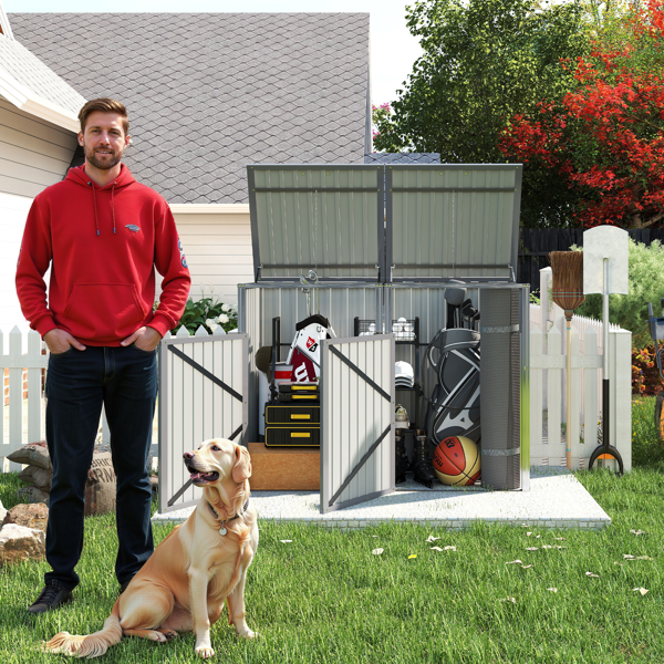 垃圾桶棚，可存放 2 个垃圾桶，金属户外垃圾桶棚，54 立方英尺空间，不锈钢镀锌钢材质，适用于花园、庭院、草坪，灰色-6