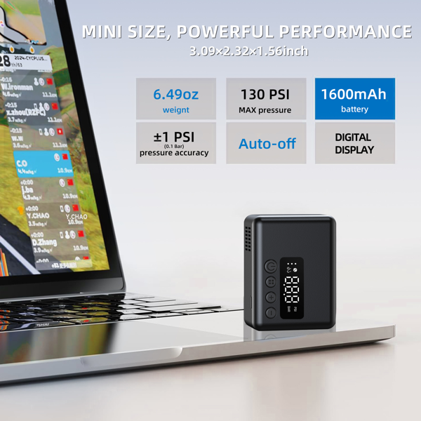 口袋空气泵 迷你自行车泵 电动130PSI 配有Presta和Schrader气嘴 自动停止 快速充气 Type-C可充电电池 适用于所有自行车和球类 体育必备无线胎压机-3