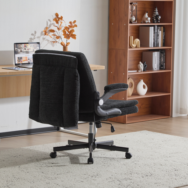 翻转式后背内置动态气囊腰靠十字交叉腿办公椅，宽座办公桌椅带翻转扶手与轮子，现代家用办公室梳妆台黑色十字交叉腿椅-9