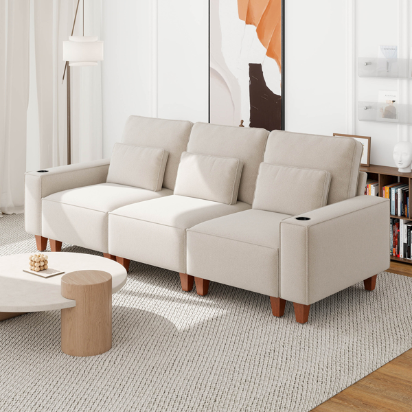 雪尼尔深座三人沙发，配拉丝不锈钢杯架及3个装饰靠枕，现代舒适客厅沙发-3