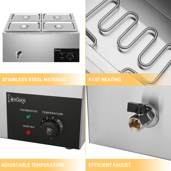 美规 C4C-1/4 110V 1200W 保温汤池 银色 不锈钢 4个1/4盆汤池 加热食物 带一个漏勺一个汤勺-4