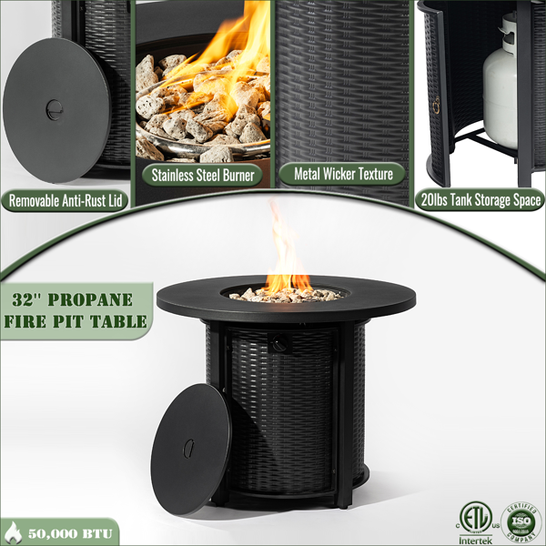 32英寸丙烷燃气火盆桌，50000 BTU圆形钢制火盆，适用于户外露台、阳台、花园、庭院 - 黑色-6