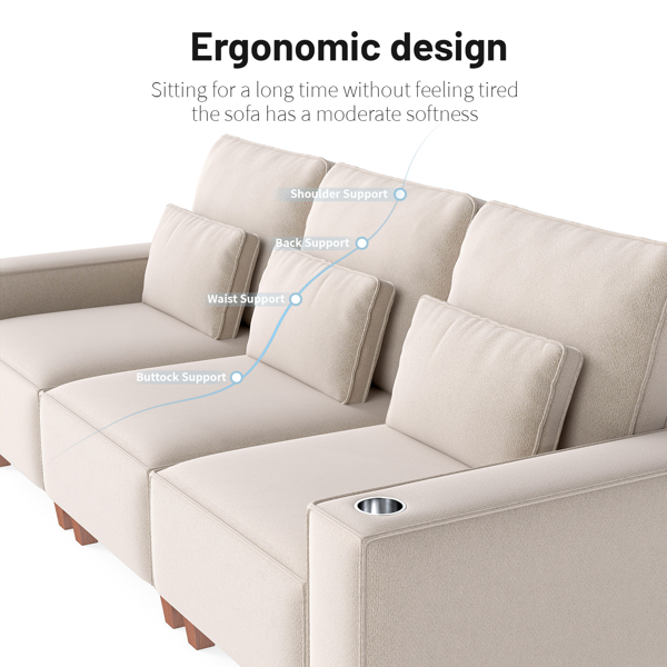 雪尼尔深座三人沙发，配拉丝不锈钢杯架及3个装饰靠枕，现代舒适客厅沙发-8