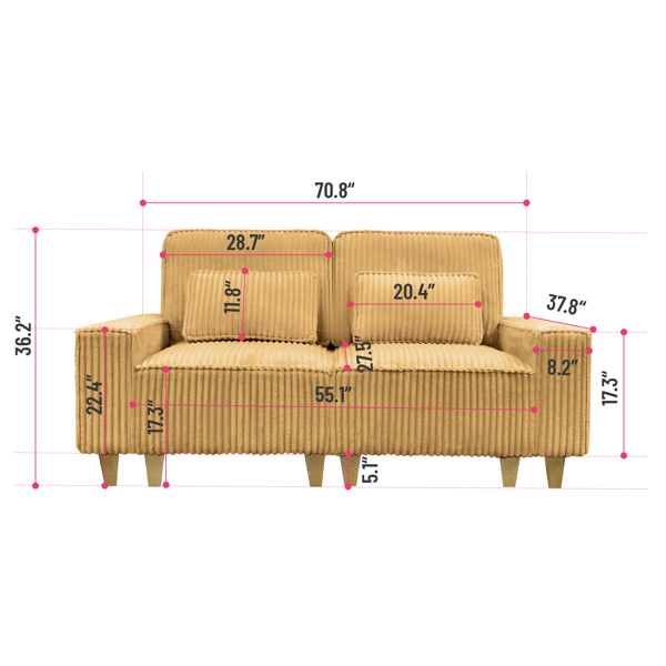 深座灯芯绒双人沙发，配拉丝不锈钢杯架及2个装饰靠枕，舒适客厅双人座沙发-3