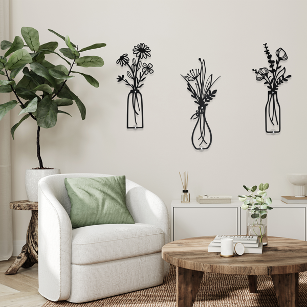 3 件金属花瓶花卉墙壁艺术 - 乡村农舍风格装饰金属墙壁艺术黑色极简花卉自然主题墙壁装饰适合家庭卧室餐厅乔迁之喜（黑色-花瓶）-8