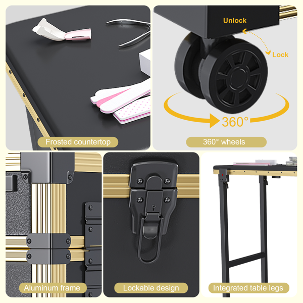 便携式美甲桌，带 LED 镜子、蓝牙、可上锁抽屉、伸缩杆 - 沙龙折叠美甲台（黑金色）-7