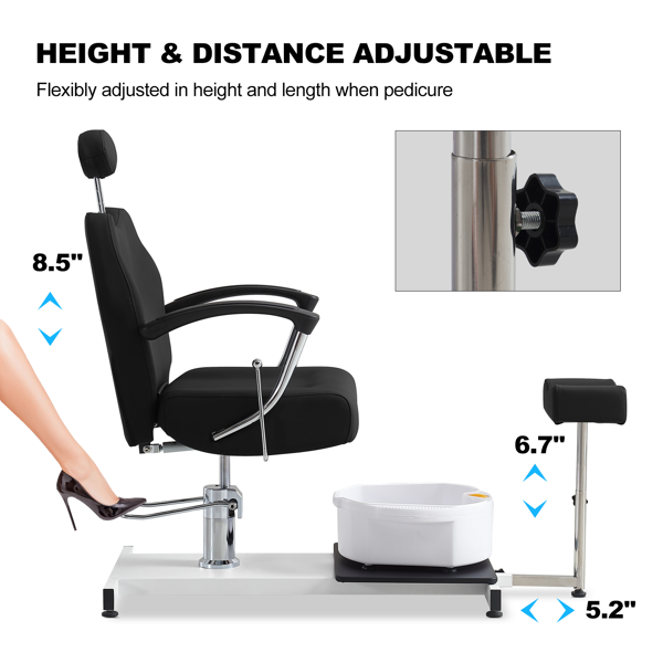 足部护理站座椅（含脚踏板及足浴盆），360度旋转可躺式足部护理椅，配备液压升降高度调节及头枕功能 - 黑色款-4