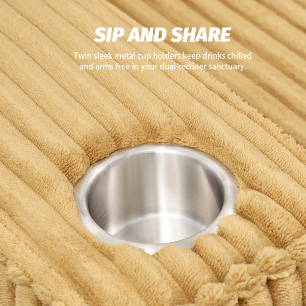 深座灯芯绒双人沙发，配拉丝不锈钢杯架及2个装饰靠枕，舒适客厅双人座沙发-5