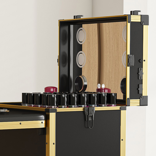 便携式美甲桌，带 LED 镜子、蓝牙、可上锁抽屉、伸缩杆 - 沙龙折叠美甲台（黑金色）-9