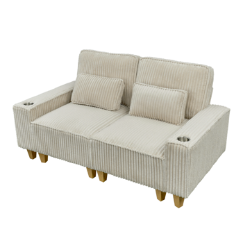 深座灯芯绒双人沙发，配拉丝不锈钢杯架及2个装饰靠枕，舒适客厅双人座沙发