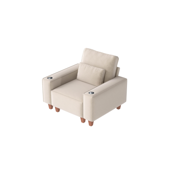 雪尼尔深座单人沙发椅，配拉丝不锈钢杯架与装饰靠枕，现代舒适客厅点缀椅