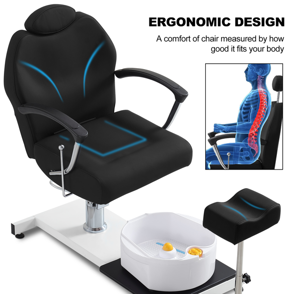足部护理站座椅（含脚踏板及足浴盆），360度旋转可躺式足部护理椅，配备液压升降高度调节及头枕功能 - 黑色款-9