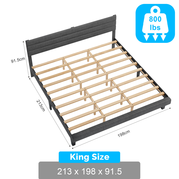 靠背横条纹 深灰色 King 软包床 仿亚麻 UP03LHLGK-3