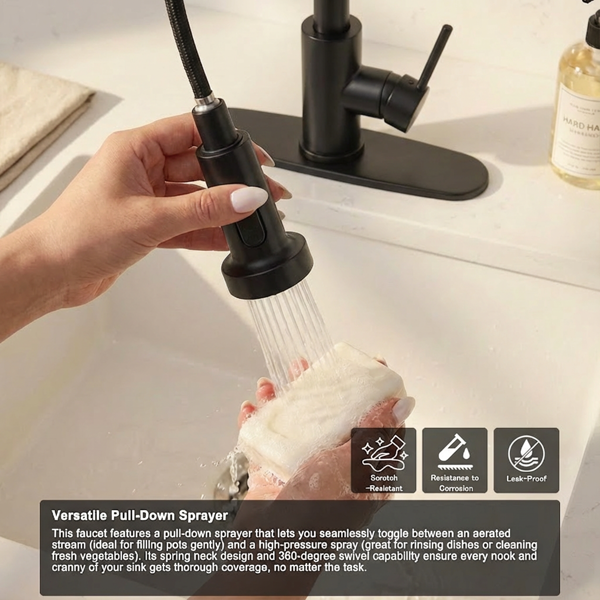 带下拉式喷雾器的厨房水龙头，适用于农舍露营者洗衣设施的1孔或3孔水龙头，Rv湿吧水槽，不锈钢，哑光黑色【周末不发货，TK/TEMU订单仅支持自提】-9