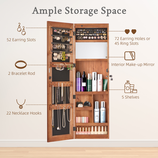 不提供自提服务。实木珠宝储物柜，配全身镜，壁挂式设计带锁功能及LED灯，尺寸47.5x14.3英寸（约120.7x36.3厘米）。-4