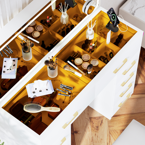 46英寸玻璃台面梳妆台，带10个抽屉、镜子和凳子，3种照明模式，电源插座，静音滑轨，白色大号梳妆台，适用于卧室-16