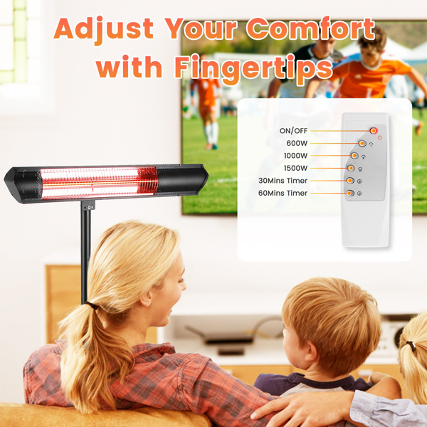 （自提可发加拿大,TK,temu建议下自提单）1500W红外线取暖器（室内外两用），三档温度调节（600W/1000W/1500W），IP65防水等级，配备可调节三脚架壁挂支架，附遥控器及定时器，适用于露台、后院及客厅。-12