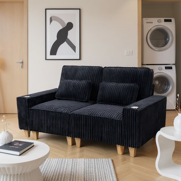 深座灯芯绒双人沙发，配拉丝不锈钢杯架及2个装饰靠枕，舒适客厅双人座沙发-2