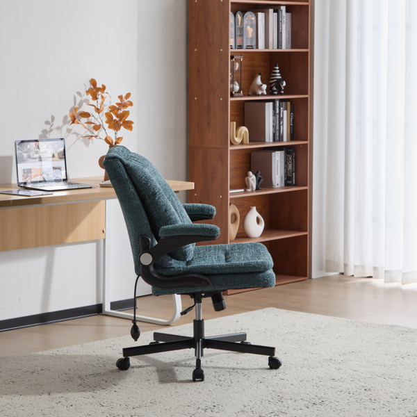 翻转式后背内置动态气囊腰靠十字交叉腿办公椅，宽座办公桌椅带翻转扶手与轮子，现代家用办公室梳妆台深绿色十字交叉腿椅-2