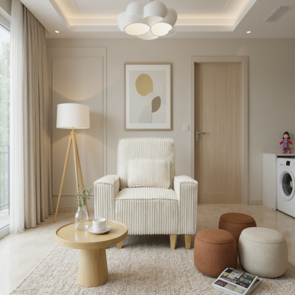 深座灯芯绒扶手椅，配拉丝不锈钢杯架与装饰靠枕，打造客厅温馨点缀椅-3